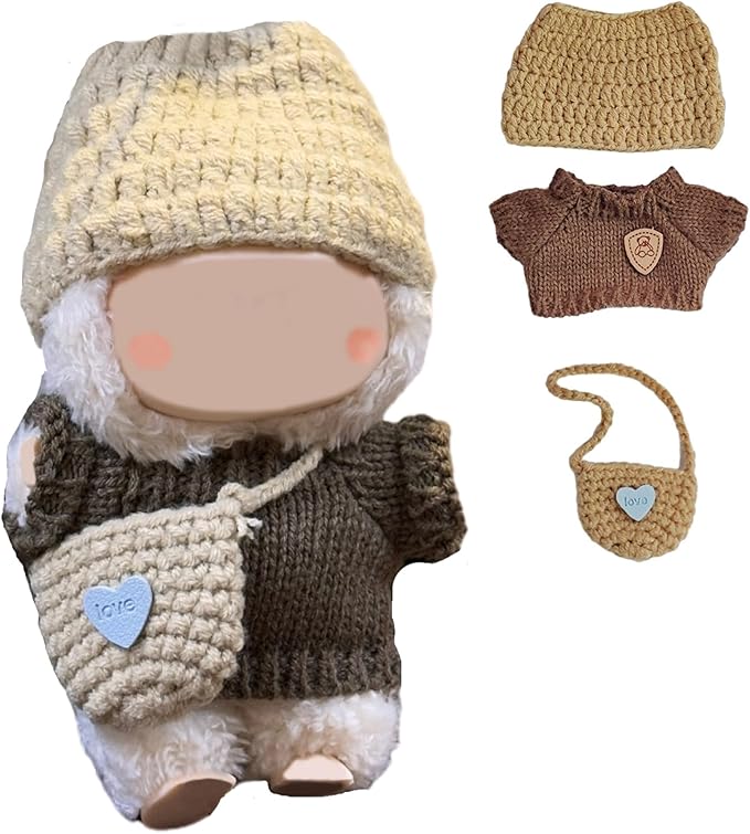 3-Piece Knit and Plush Doll Outfit Set for 17cm Collectibles - Handmade Crochet Set (Hat+Sweater+Bag) - No Doll Included