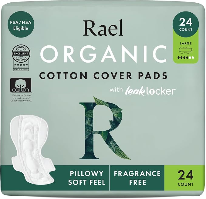 Rael Pads for Women, Organic Cotton Cover - Period Pads with Wings, Feminine Care, Sanitary Napkins, Heavy Absorbency, Unscented (Large, 24 Count)