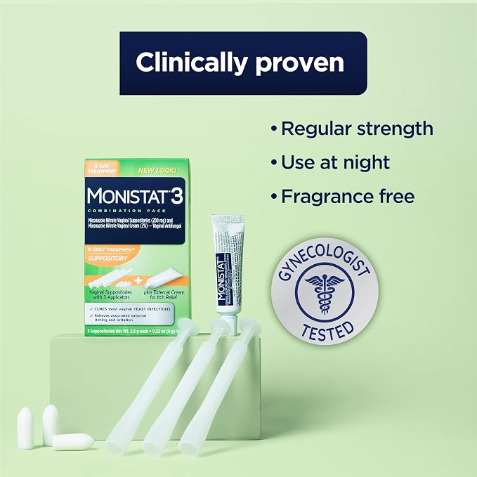 Monistat 3-Day Yeast Infection Treatment for Women, 3 Miconazole Vaginal Suppositories & External Itch Relief Cream (9g Tube) Combo Pack