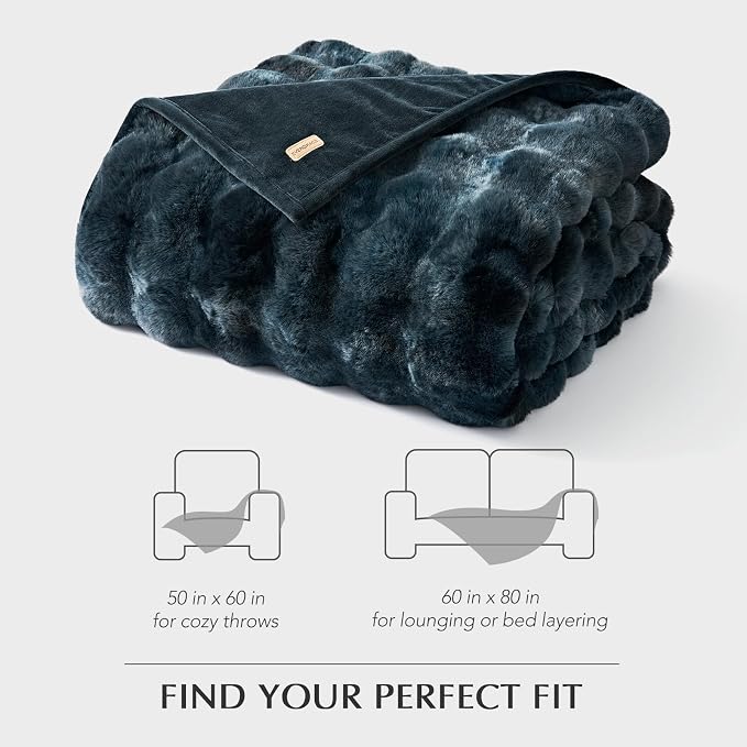 Faux Rabbit Fur Bubble Throw Blanket, 50"x60", Marble Deep Indigo | Ultra Soft, Luxury Faux Rabbit Fur Throw, Thick Warm Bubble Blanket, Cozy Fluffy Reversible, for Bed, Couch, Chair, Sofa