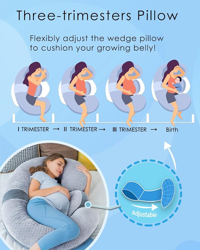 QUEEN ROSE Pregnancy Pillow E Shaped with Detachable Wedge, Adjustable Full Body Maternity Pillow for Sleeping, Dual-Sided Velvet Cover, 60 Inch Support for Side Sleepers, Grey