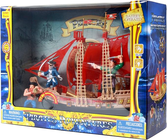 2-Pack Toy Pirate Ship Boat Adventure Playset with Lights Sounds Action Figures, Red, Boys, Ages 3+