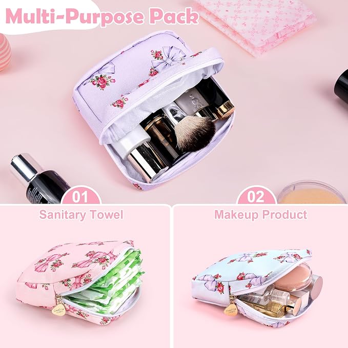Sanitary Pad Storage Bag Portable Period Bag for Teen Pads/Sanitary Napkins/Small Tampons, Sanitary Napkin Storage Bag First Period Gifts for Teen Girls (Pink Rose Bowknot)