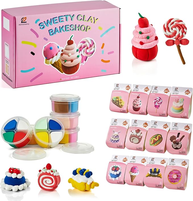 Air Dry Clay for Kids | 12 Pack DIY Modeling Clay Kit with 4 Colors Per Set & 12 Pastry Sculpting Guides | Non-Toxic, Easy to Use Arts and Crafts Gift for Boys & Girls Ages 3+