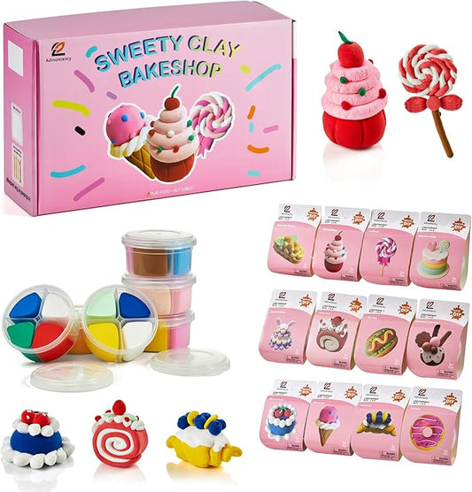 Air Dry Clay for Kids | 12 Pack DIY Modeling Clay Kit with 4 Colors Per Set & 12 Pastry Sculpting Guides | Non-Toxic, Easy to Use Arts and Crafts Gift for Boys & Girls Ages 3+