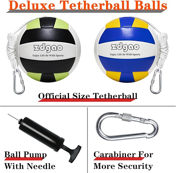 Tetherball Ball and Rope, Replacement Tether Ball with Carabiner, Ball Pump with Needle for Kids and Adults Backyard Game