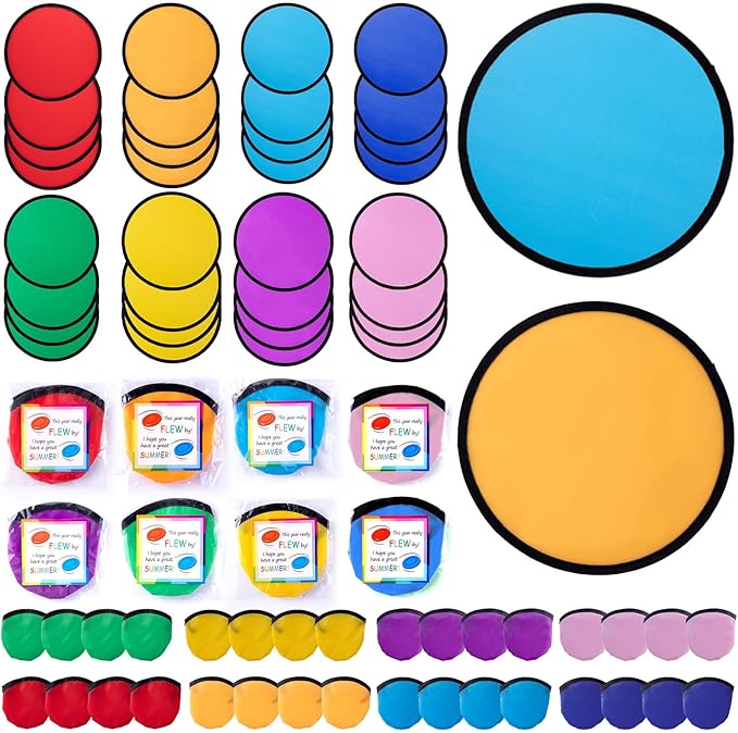 End of the Year Gifts for Students Bulk Foldable Flying Disc Fans Set with Stickers Bags, End of Year Student Gifts from Teacher Beach Fun Folding Pocket Hand Fans for Outdoor Activities Games