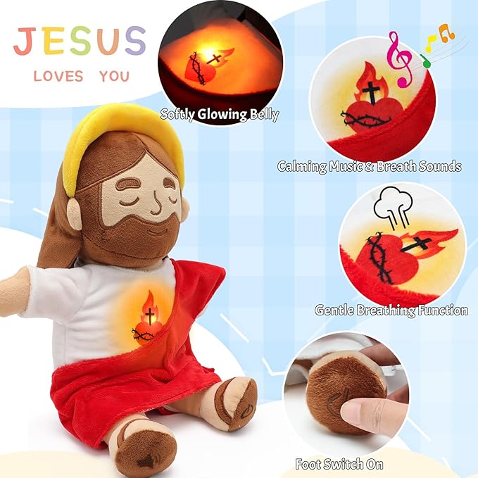 Soothing Jesus Plush Toys with Light & Sound, Jesus Stuffed Breathing Plushy Doll, Christian Catholic Religious Plushie Christmas Easter Gifts for Kids Baby (Brown)