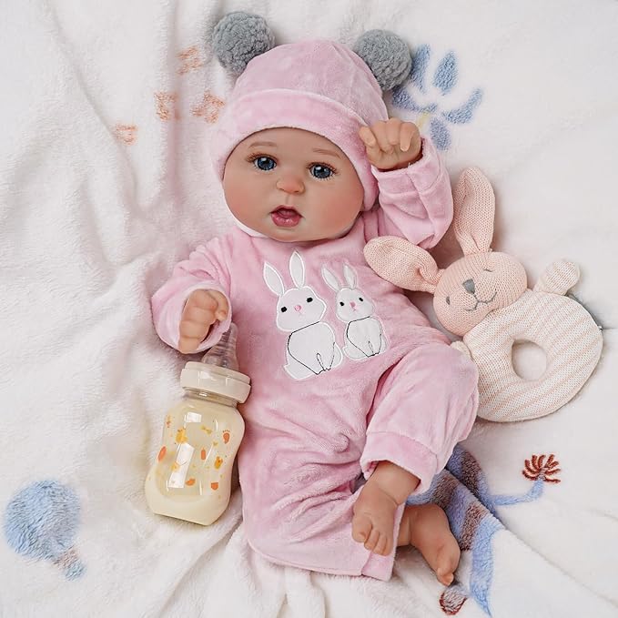 BABESIDE 2 Pcs Reborn Baby Doll Clothes with Hat for 17-22 Inch Babydolls, Cute Bunny Pattern Baby Dolls Outfits Accessories fit Newborn Babydoll Girls, Pink
