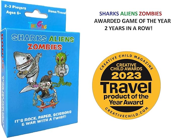 Sharks Aliens Zombies: Fun Card Game for Kids Played Like Rock Paper Scissors War for Family Game Night Gift Giving Stocking Stuffer