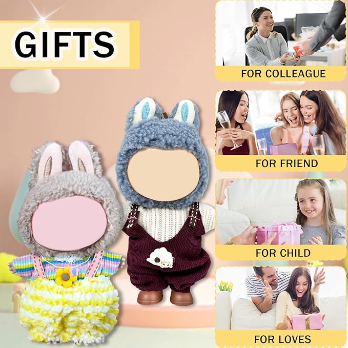 Doll Clothes for Labubu,Cute Outfit for 17cm Doll Clothe 2/3PCS Clothes and Hats Stylish Dolls Clothe for 17 cm Labubu,Casual Style Costumes for Labubu Dolls (Brown and Yellow Overalls)