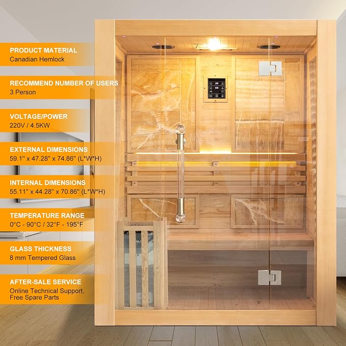 Smartmak Wood Home Steam Sauna, WiFi Control 3 Person Canadian Hemlock Traditional Luxurious Wooden Indoor Spa Room, with 4.5 kw Harvia Stove, Speaker, Rocks, Water Bucket, Spoon, Sky Lights