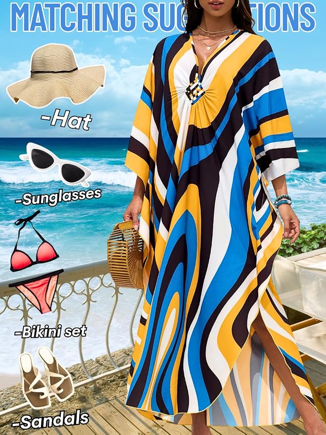 ChiaoLezhee Print Moo-Moos for Women, Kaftan Cover-Up Dresses, Sexy V-Neck High-Slit, Beach Pool-Party Coverups Muumuu Plus
