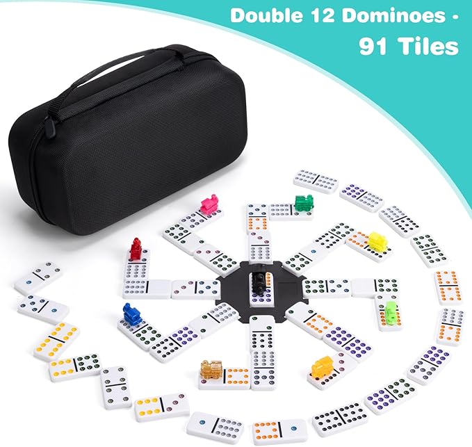 Mexican Train Dominoes Set with 4 Wooden Racks, Double 12 Dominos Game with 91 Dot Tiles, 9 Trains, Hub, Classic Family Board Game for Adults Kids, Travel,Party