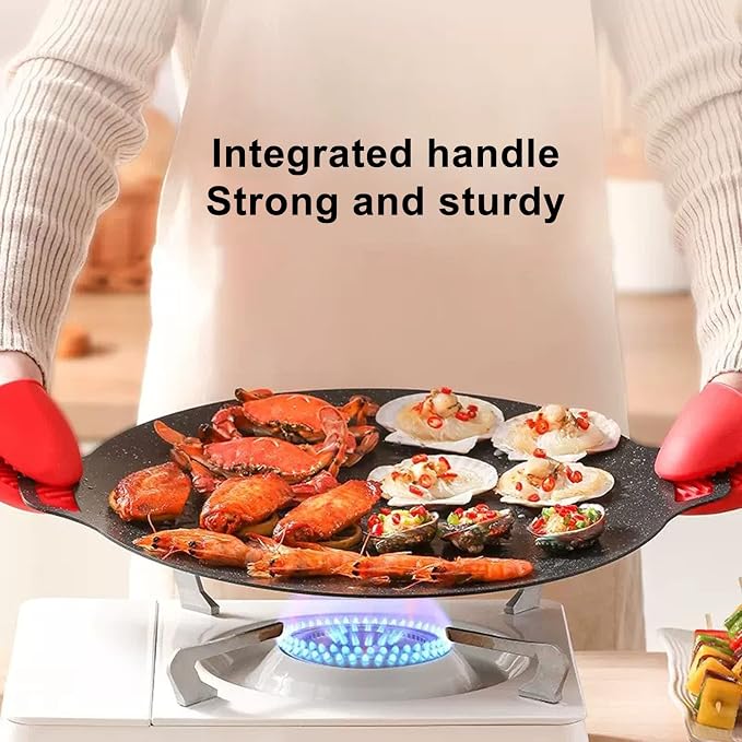 Korean Grill Pan,13inch Nonstick Round Griddle Grill Pan for Korean BBQ,Round BBQ Griddle with Handle,Multifunctional Stove Plate for Meats, Pancakes, Ribs