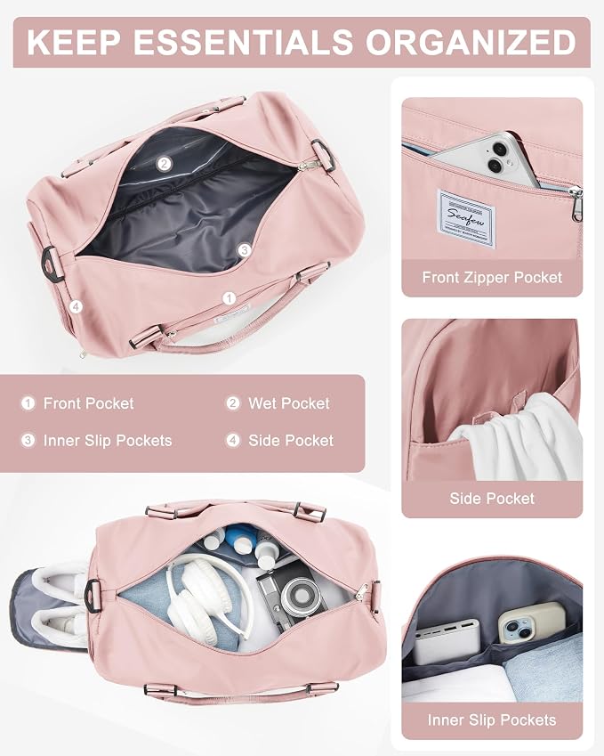 Gym Bag Womens Mens with Shoes Compartment and Wet Pocket Travel Duffel Bag for Women for Plane Sport Gym Tote Bags with Toiletry Bag Waterproof Weekend Overnight Carry on Bag Hospital Holdalls