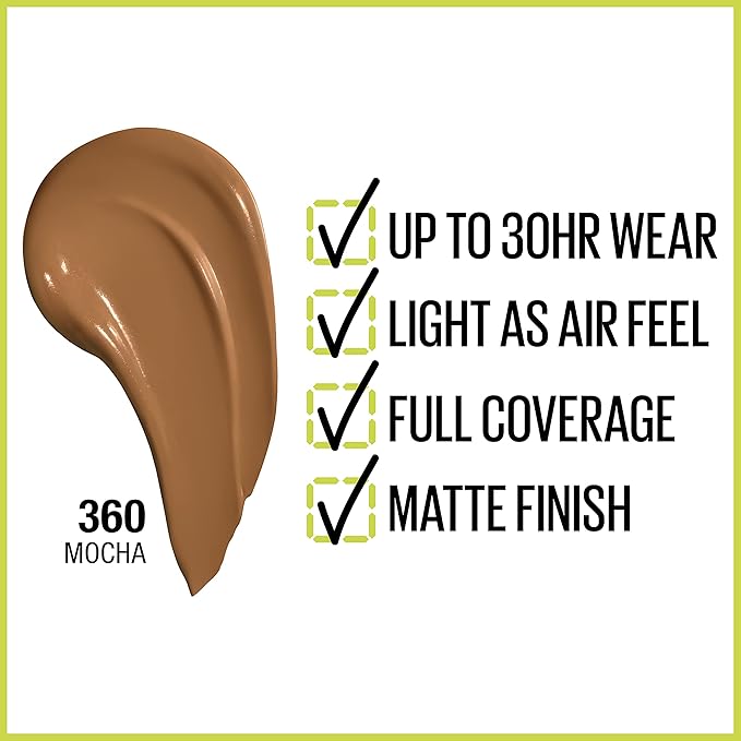 Maybelline Super Stay Full Coverage Liquid Foundation Active Wear Makeup, Up to 30Hr Wear, Transfer, Sweat & Water Resistant, Matte Finish, Mocha, 1 Count