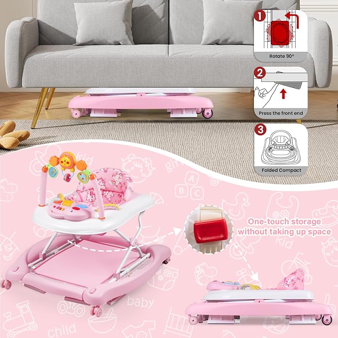 Baby Walker, 5 in 1 Baby Walkers for Boys Girls 6-12 Months, Foldable Walkers for Babies with Bouncer & Feeding Tray, Music, Adjustable Heights, Activity Walker for Infant