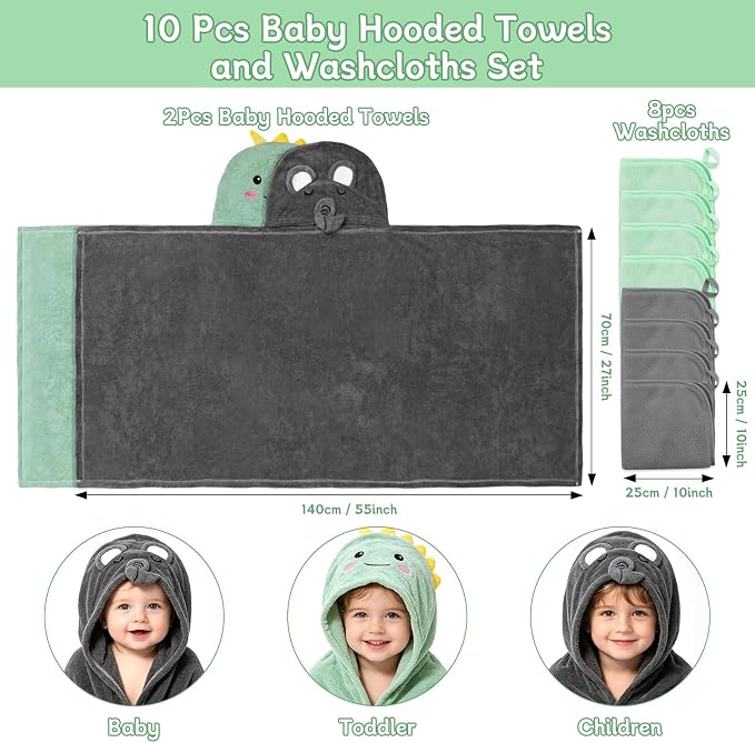 10 PCS 55in*27.5in Cute Baby Towels Set, 2 PCS Soft Baby Hooded Towels & 8 PCS Washcloths, Baby Bath Towels for Newborns, Infants & Toddlers, Ultra Absorbent, Cute Baby Towel Gift for Boys & Girls