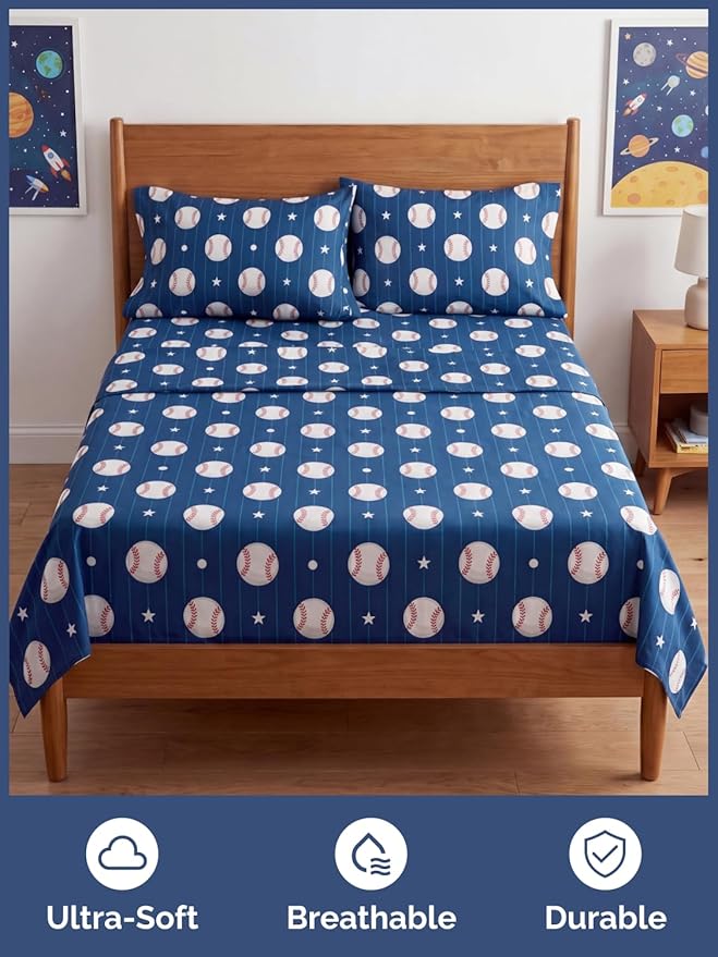CGK Unlimited Kids Baseball Queen 4 Piece Sheet Set - Boys, Girls, Teens, Toddler - Easy Fit Deep Pockets - Ultra Soft, Cooling & Breathable Sheets - Cute, Cozy, Fade & Wrinkle Free - Machine Washable