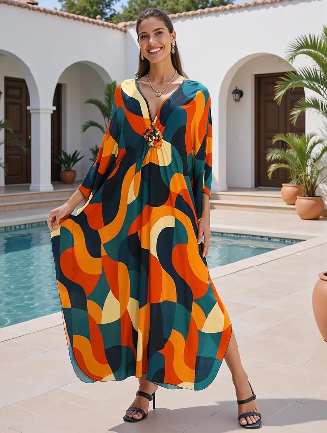 Mumu Dresses for Women Plus Size, Bohemian Kaftan Beach Cover Up Long Maxi Nightgown Soft Loungewear
