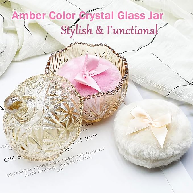 Body Powder Puff with 4“ Crystal Glass Storage Jar Including 1 Pink Puff and 1 Skin-Tone Puff Suitable for Loose Powder Soft Washable Reusable Fluffy Puff Perfect for Skincare(Crown-Amber)
