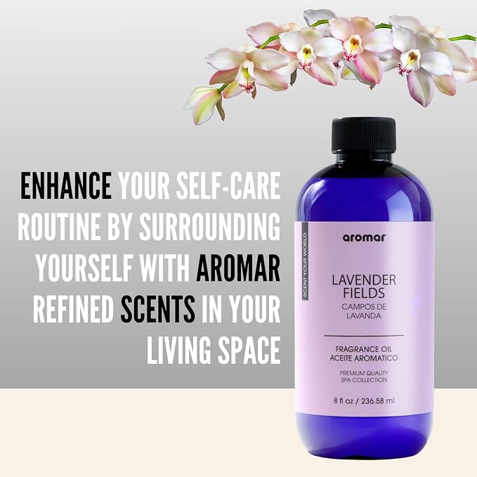 AROMAR Premium Fragrance Oil, Long-Lasting, Refreshing Uplifting Aroma for Aromatherapy, Relaxation & Household Uses. Lavender Fields - 8oz