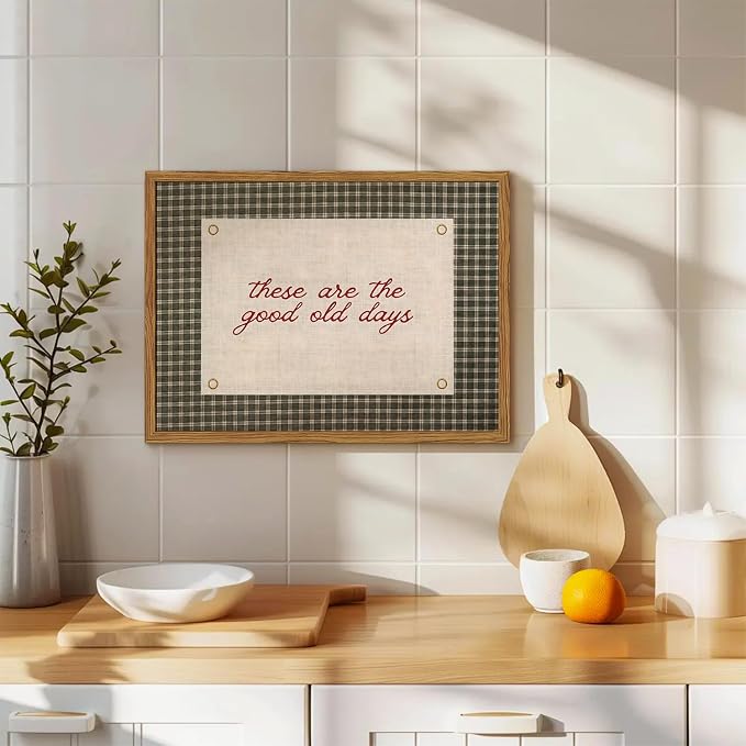 Framed These Are The Good Old Days Wall Art, Vintage Family Inspirational Quote Pictures Wall Decor, Retro Green Gingham Paintings Prints Motivational Home Decor for Living Room Bedroom 12x16 inch