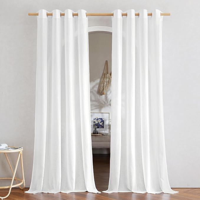 NICETOWN Rustic Linen 144 inch Long Curtains for Living Room, Grommet Privacy Added Thick Linen Weave with Light Filter Window Curtains & Drapes for Bedroom, White, W55 x L144, 2 Panels