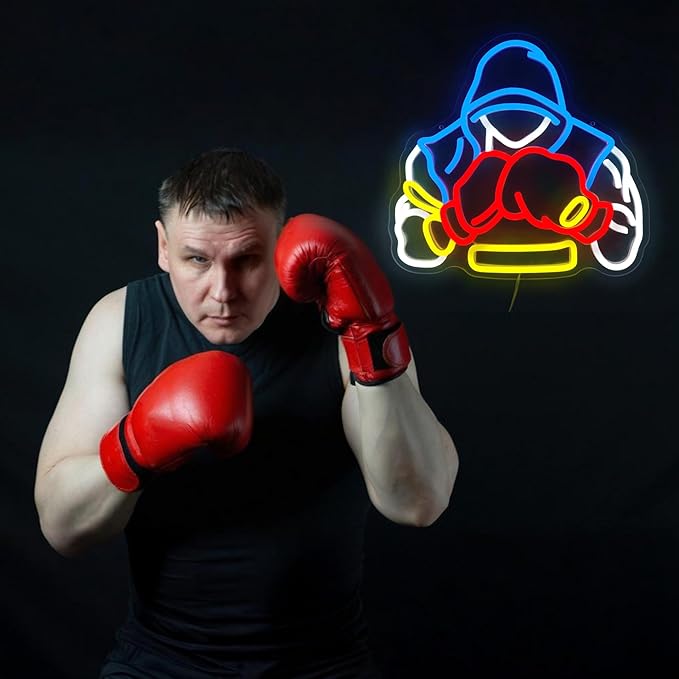 Boxer Neon Sign Boxing Gifts for Men Dimable LED Boxing Neon Light for Sports Rooms Gym Decor and Man Cave Perfect Boxing Gifts for Men Boxing Lovers Fight Fans and Athletes(12.8×12.1inch)