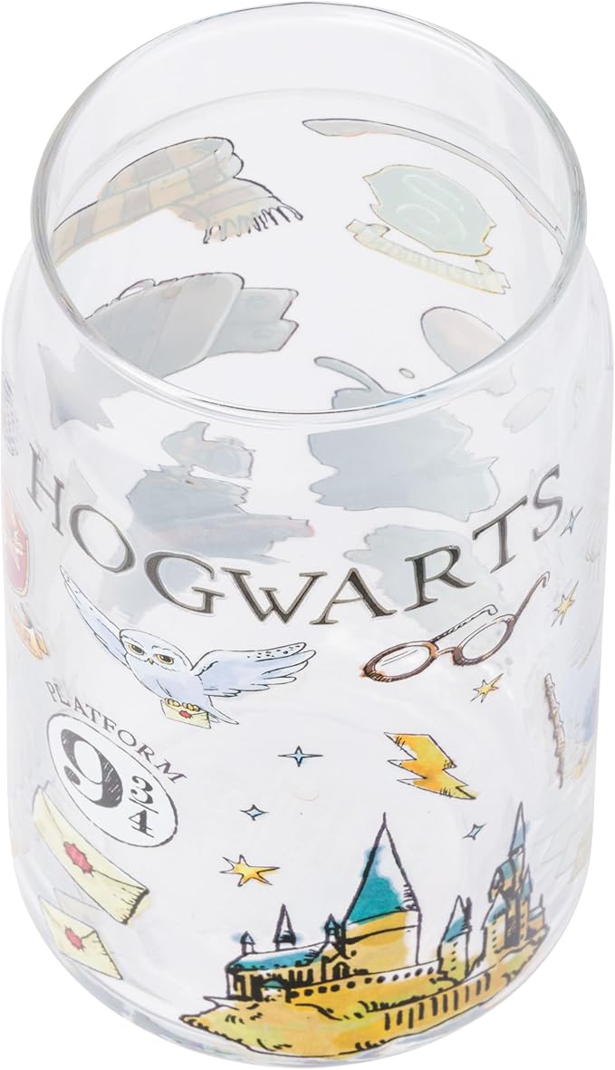 Silver Buffalo Harry Potter Hogwarts Platform 9 3/4 Gryffindor Hedwig Glass Jar Tumbler with Bamboo Lid and Glass Straw, 16 Ounces