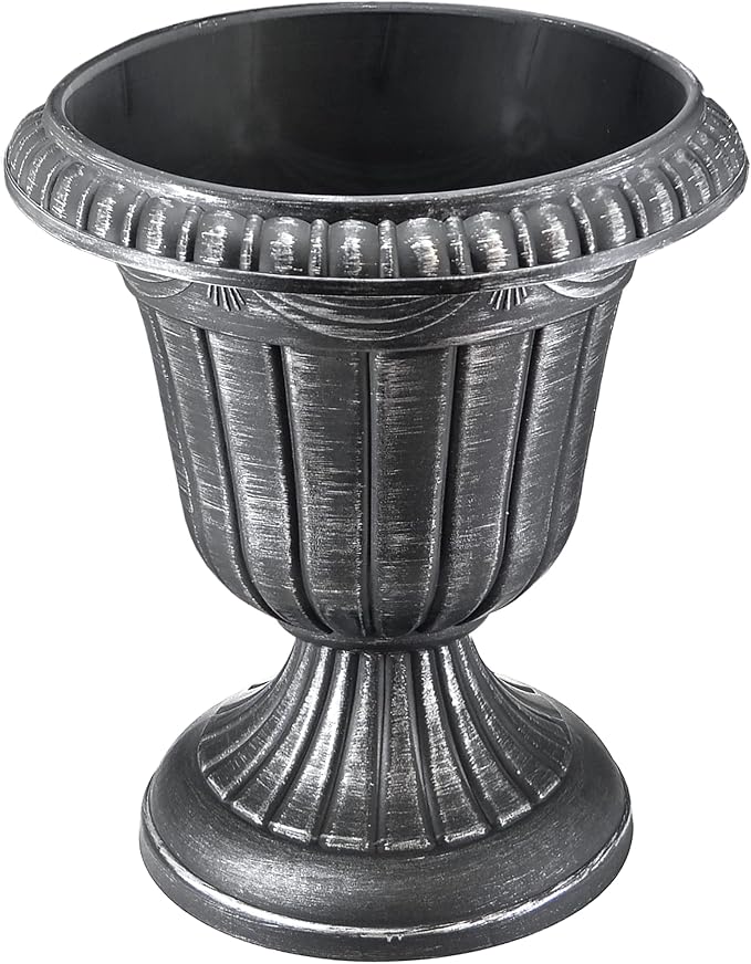 Arcadia Garden Products PL00SL Classic Traditional Plastic Urn Planter, Indoor/Outdoor Garden Plant Pot Garden Décor, 16” x 18”, Brushed Silver
