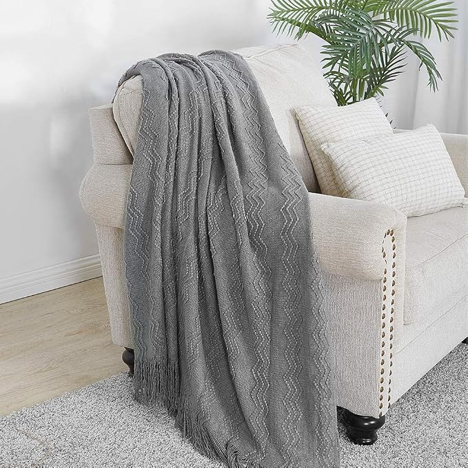 BOURINA Dark Grey Throw Blanket 50x60 Inch Knitted Soft Throw Sofa Blanket | Knitted Throw Blanket 50x60 Inches, Soft Lightweight Boho Weave Throw Decorative Couch Blanket for Living Room Bedroom Chair