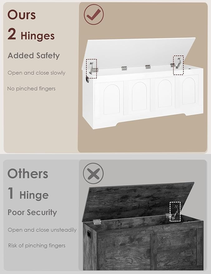 Storage Chest, Wooden Toy Box, White 47.2" L | Entryway Shoe Bench, 2 Soft-close Hinges, Finger-safe Flip-Top Lid, Easy Assembly, Farmhouse Large Trunk, Living Room/Bedroom