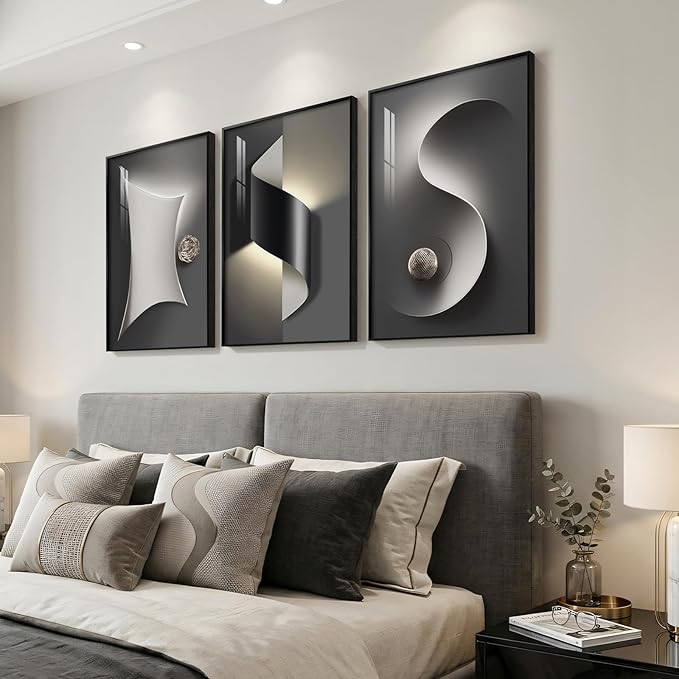 3 Piece Framed Black and White Abstract Wall Art for Living Room, Large Modern Minimalist Geometric Picture Prints Paintings, Bright Style Luxury Artwork for Bedroom Dining Room Wall Decor 20x30 Inch
