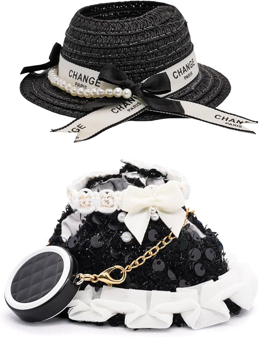 Clothes for 17cm Dolls, Luxury Chic Pearl, Sequin and Bow Decorations Style 3 Piece Set Including Princess Dress, Hat and Bag High-End Outfit - Premium Handmade Accessories for Play & Display - Black