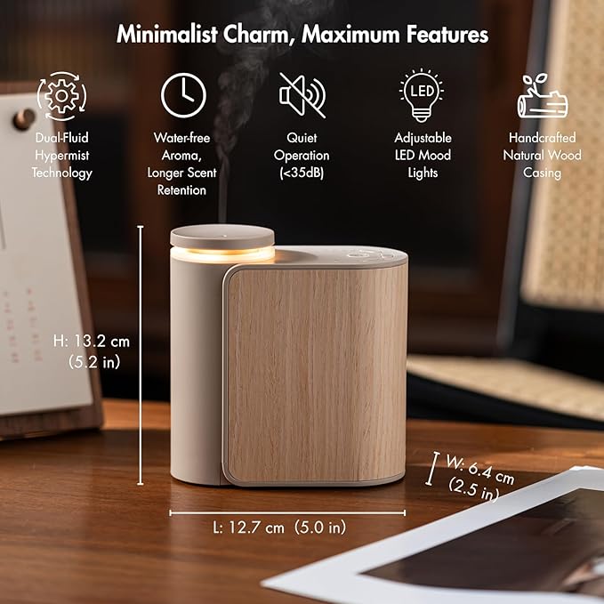 ZMARKRAFT® Waterless Essential Oil Diffuser with Solid Wood Cover | 3 Timers, 2 Mist Modes, Quiet, Portable, Waterless Fragrance, Two-Fluid Atomization