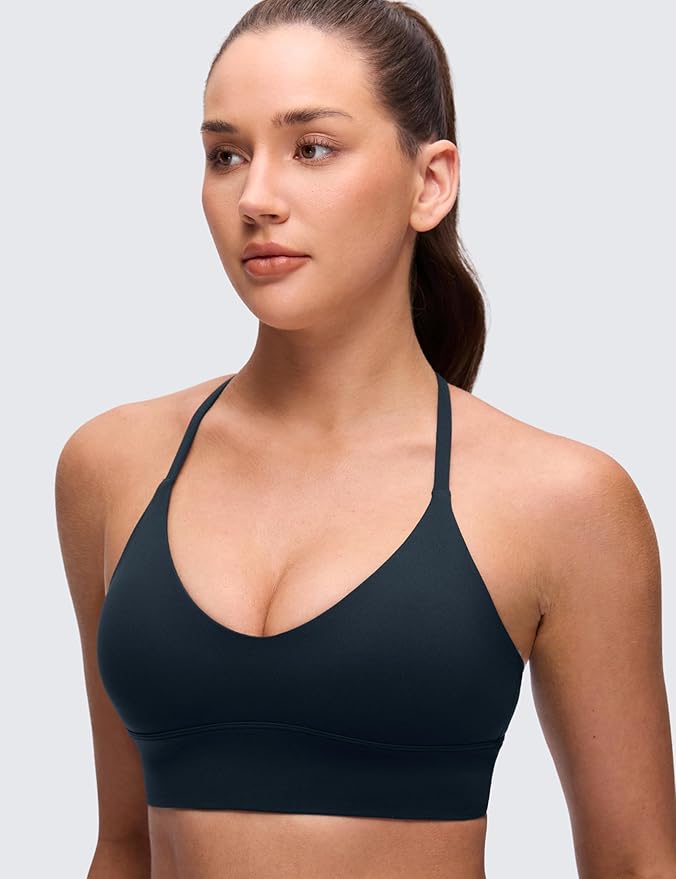 CRZ YOGA Butterluxe Thin Straps Cross Back Longline Sports Bras for Women - Padded V Neck Yoga Crop Top