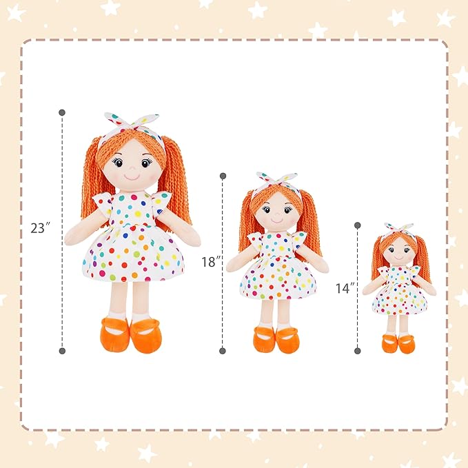 June Garden 18" Snuggle Cuties Bella - Soft Cuddly Plush Doll Gift for Girls - Huggable Rag Doll - Orange L