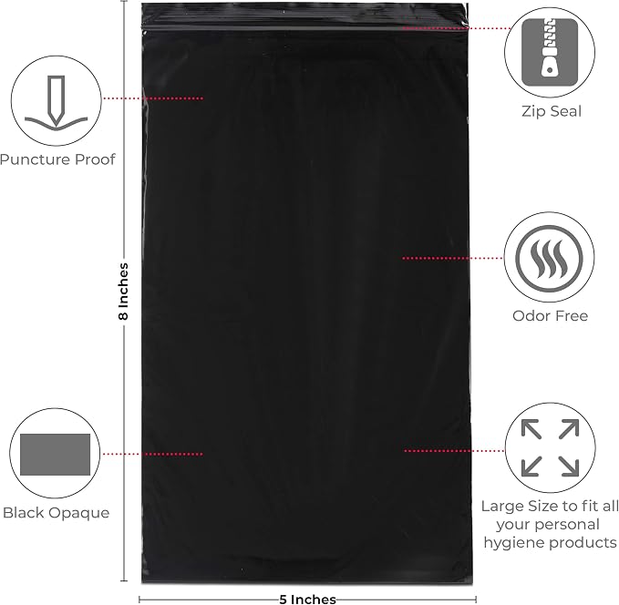 Feminine Personal Disposal Bags- 100 Black Opaque Bags for Sanitary Disposal, with Purse Pouch. Discreet Disposal for Tampons, Pads, and Liners (Black)