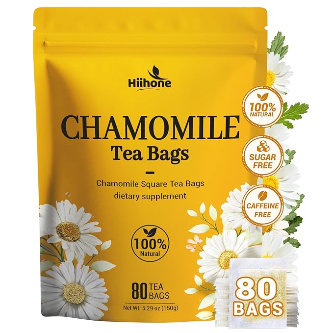 Chamomile Tea Bags, Chamomile Flower Herbal Tea with Sugar-Free, Caffeine-Free, 80 Teabags
