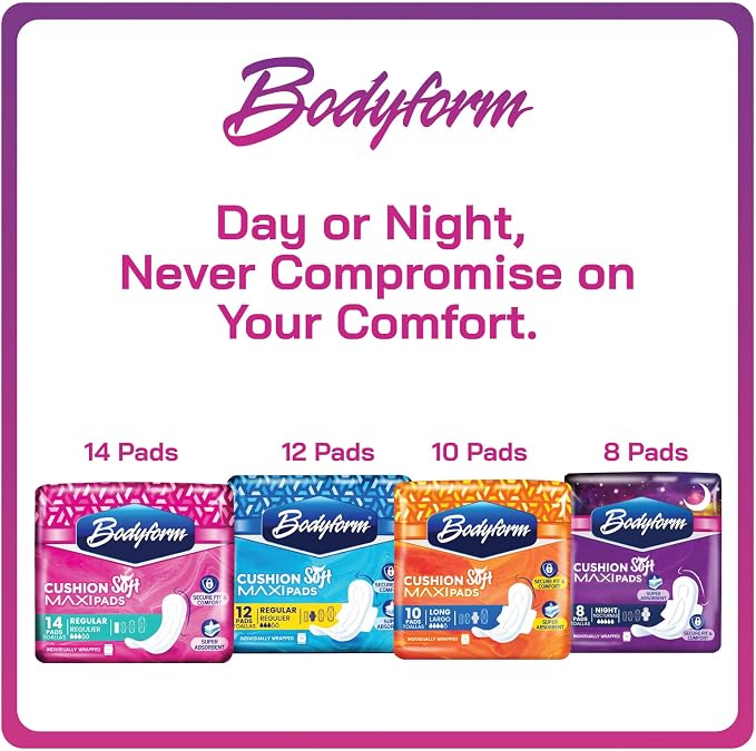 Bodyform Maxi - Value Sanitary Napkins, Cushion Soft Always Comfortable and Ultra-Absorbent (Regular Wings, 144 Count (12 Packs of 12 Counts))