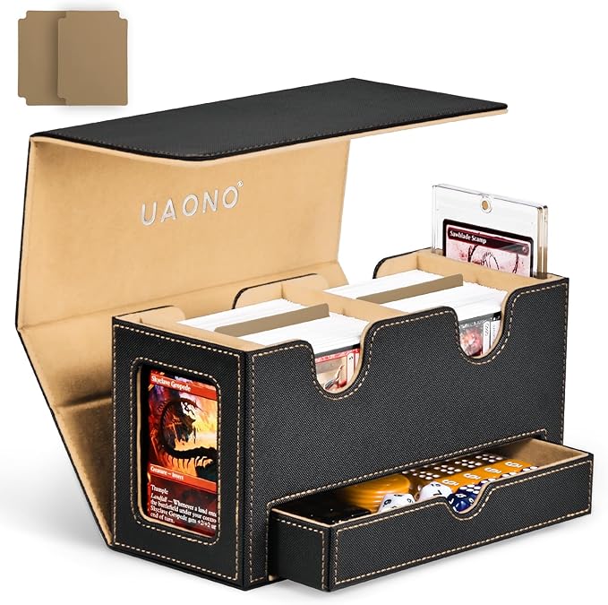 UAONO MTG Deck Box with 2 Commander Display and Dice Tray-Patented Design, Double Deck Box for 280+ Single Sleeved Cards, Leather Magnetic Card Storage Box Fits for TCG CCG Magic Cards (Black&Khaki)
