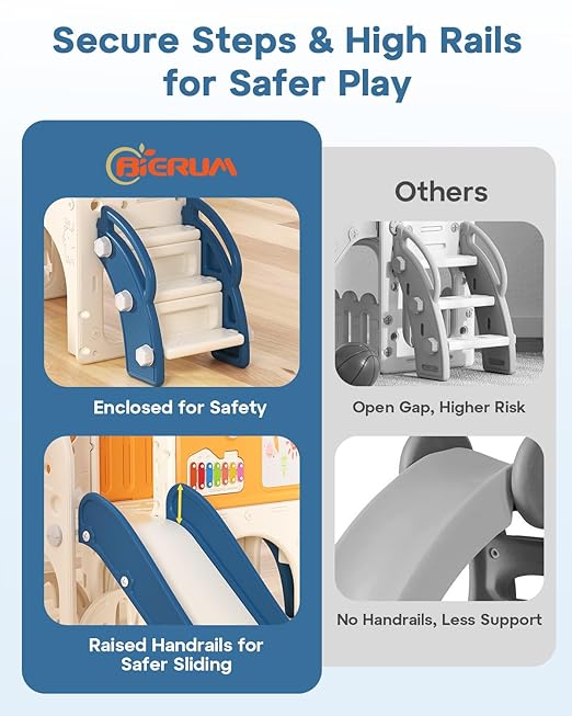 BIERUM Toddler Slide Set, 13 in 1 Kids Indoor Slide for Toddler 1-3, Indoor Outdoor Toddler Slide Playset with Basketball Hoop, Golf Game & Drawing Board, Baby Indoor Slide Playground, Blue&Yellow