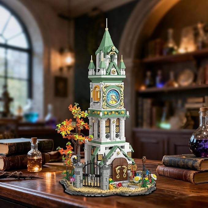 INSOON Magic Clock Tower Building Set with Light, 1566 PCS Big Medieval Castle House Construction Model with Owl & Garden, Home Decor Building Block Kit, Easter Gift for Adults Teens Boys Girls 12+