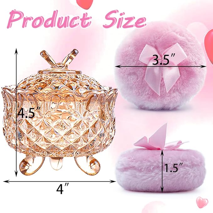 4" Glass Dusting Powder Container with 2 Fluffy Puffs,Cute 3.5" Soft Body Powder Puff and Jar Set(Butterfly-amber)