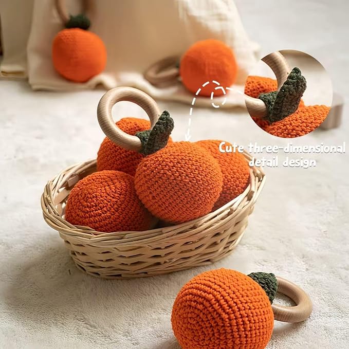 Wooden Baby Rattle Toys Stuffed Crochet Rattle with Teether Ring for Newborn Babies Fruit Wooden Teether Toy Infant Toddler Handcrafted Crochet Rattles Cute Shower Gifts for Boy and Girls