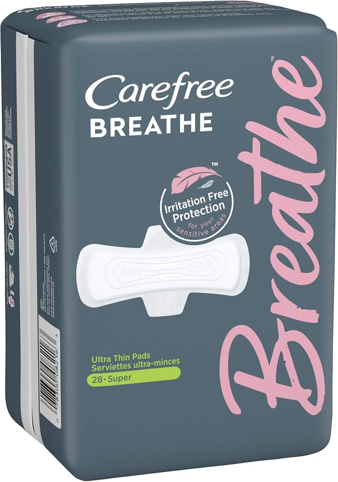 Carefree Breathe Ultra Thin Super Pads with Wings, Irritation-Free Protection, Unscented, 28 Count