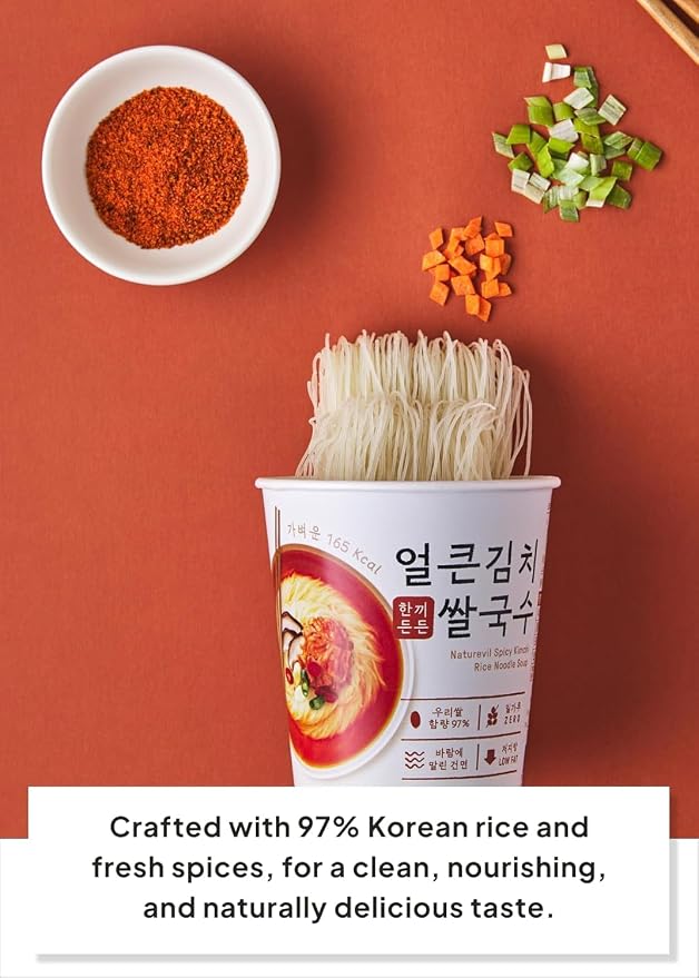 NATUREVIL Kimchi Rice Ramen Noodle Cup, 1.73 oz, Pack of 6, Korean Instant Hot and Spicy Noodle Soup, Real Kimchi Flakes, Non-GMO, Gluten-free Noodle (Kimchi Rice Ramen Noodle Cup)