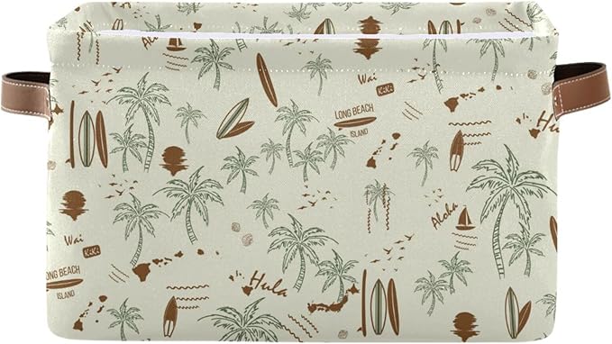 Aslsiy Storage Basket Hawaii Palm Surf Nursery Bins Brown Baby Box Canvas Clothes Shelf Basket Laundry Hamper Gift Baskets for Home Closet 2 Pcs